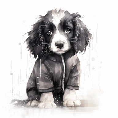 cute watercolor black and white spaniel puppy illustration, clipart, high detail wearing a fluffy raincoat with rain and puddles. high detail hd 8k, watercolor background,