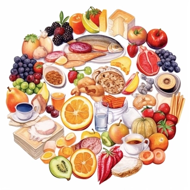 watercolor healthy foods for your life round design illustration, in the style of hyperrealistic paintings, made of cheese, elaborate fruit arrangements, associated press photo, les nabis, biblical iconography, gouache Clipart desert cartoon t-shirt graphic, vector, contour, isolated on a white background