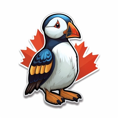 Depicting an Atlantic puffin with a patriotic twist. The design should incorporate Canadian symbols like the maple leaf, while maintaining the puffin's adorable features. The artwork should be lively, colorful, and evoke a sense of joy and national pride.r, that can be used as a sticker, colorful, highly detailed, white background, style of pixar clipart, white background,--no cut off edges