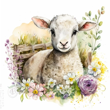 an adorable watercolour easter baby lamb with big eyes surrounded by flowers and easter eggs clipart, in a cozy and rustic barn. The lamb is sitting on a bed of hay, with baskets of colorful easter eggs and bouquets of wildflowers nearby. The atmosphere is warm and inviting, with a touch of nostalgia. Artwork, painted with watercolors and ink