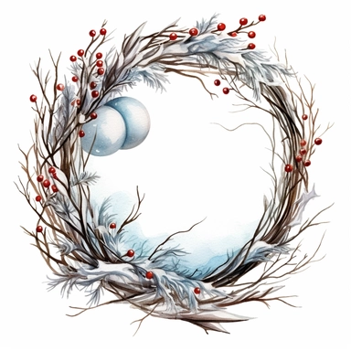 stunning christmas frame made of snowy branches, beautiful Christmas clipart, beautiful watercolor art by Dennis Wojtkiewicz, Laine Bachmann, Nicoletta Ceccoli, 8k, high resolution, isolated on white background