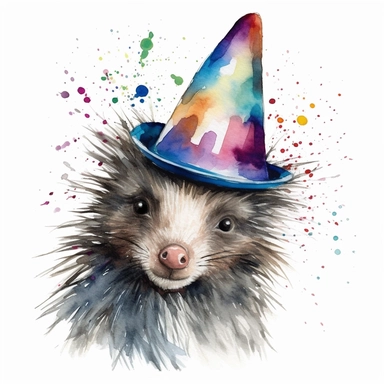please create watercolor clipart of a porcupine smiling, wearing party HAT AND GLASSES, colorful, WHITE BACKGROUND