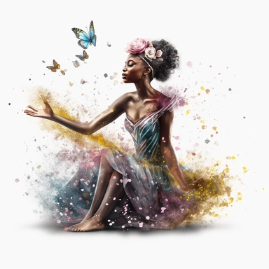 african american fairy, spring elements, sparkling magic dust sprinkling down, fantasy, magic, Fantasy Clipart, PNG Clipart, Illustration clipart, white background, vivid colour, 4K, extremely detailed