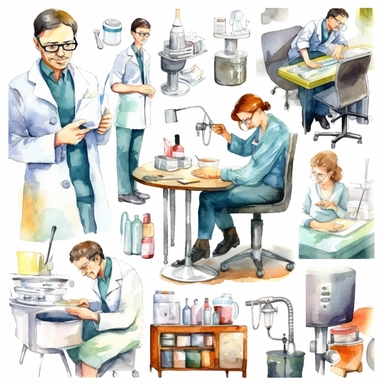 watercolor doctor related scenes  Products for dentists to screen, diagnose & treat patients, illustrations clipart set, simple, , cartoon elements ,different variants , nurse, doctor, ,separate elements with a margin