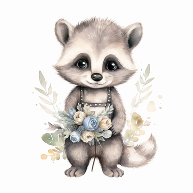a whimsical baby raccoon with kind eyes clipart with watercolor illustration,full body shot,8k,etsy style, white background
