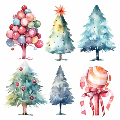 Watercolor christmas trees with christmas ornaments with gift boxes underneath, illustrations clipart set, simple, christmas colors , cartoon elements, different variants , candy cane, hollybell, bow, separate elements with a margin