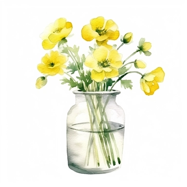 buttercup flower in vase watercolor clipart, minimalist, bright colors, isolated white background, 8k
