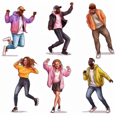 watercolor, Happy people dance to music while listening to it with headphones and earphones. Set of diverse modern men and women dancing from joy and fun png Full body realistic cartoon in 32K UHD cute. 15 cm thick outline. Black color. There was no shadow on the ground. 8k with realistic watercolors and detailed illustrations. PNG clipart, transparent white background