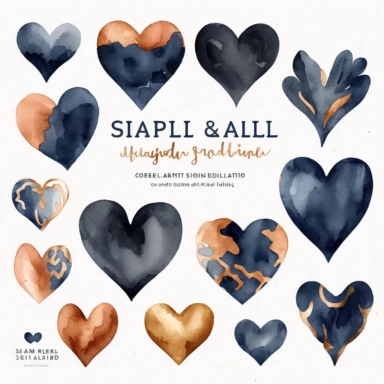 watercolor heart shapes, clipart collection, copper and navy tones, on white background