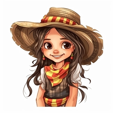 little cute girl , braids in her hair with bows at the ends, smiling, jolie tilibra, beautiful festa junina dress plaid, hugh eyes, straw hat on her head, boots, clipart style, embarressed with black outline,