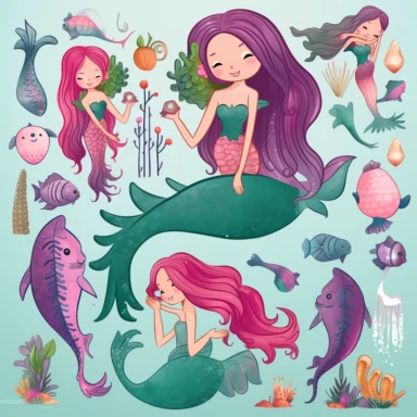 enchanting Cartoon Magical Mermaid Clipart! Dive into a world of whimsy and wonder with these detailed and adorable mermaid illustrations. Each mermaid is meticulously designed with charming features, vibrant colors, and intricate details that will captivate both children and adults alike. With a white background, these clipart images are versatile these cute and lovable mermaids are sure to make a splash! Let your imagination swim free with our delightful mermaid clipart
