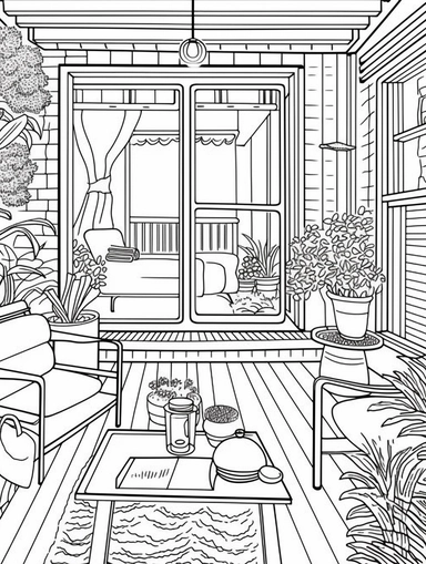 An Adult Coloring Book Featuring Fun and Relaxing Interior Home Designs with Beautifully Furnished Rooms and Welcoming Outdoor Spaces, coloring page line art, black and white clipart for coloring page, simple and clean line art, illustration style,