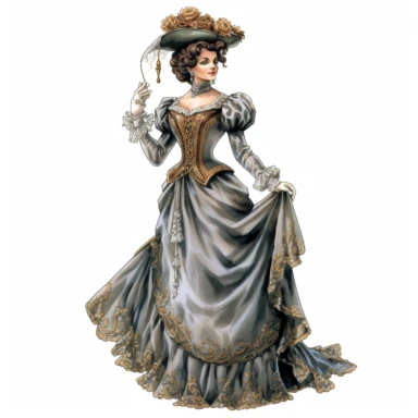A Victorian lady in a victorian outfit. Her poised expression and magnetic gaze draw you into her world of Victorian splendor. Against a white background, the intricate details of her attire, including the flowing silhouette and intricate drapery, are depicted with exceptional detail and lifelike realism. Clipart, watercolor, white background, intricate detail, unreal engine cinematic smooth