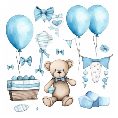 watercolor illustration, cute gender reveal doodle clipart, boy or girl, high resolution, detailed doodle, white background, items clipart for baby shower gender reveal