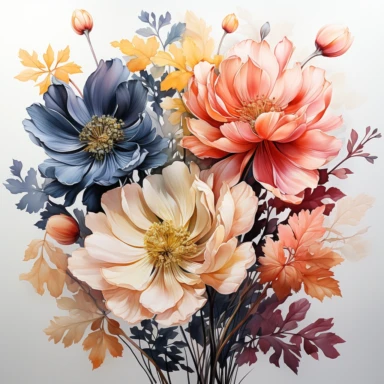 Colorful Watercolor Floral Arrangement in the style of mandy disher, flowers, leaves, buds, Spring flowers clip art