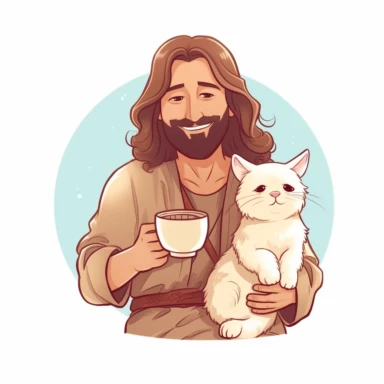 Jesus holding a cute cat and drinking coffee , clip art