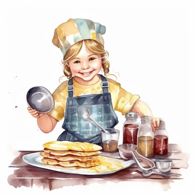 vintage adorable little girl dress as chief making pancakes, clipart style, watercolor technique, super high quality, professional watercolor clipart, high resolution