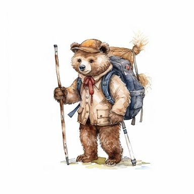 one bear holding a cane and carrying a backpack Watercolor clip art on a white background, in the style of charming character illustrations, realistic brushwork, detailed costumes, adventurecore, cottagepunk, handheld, wallpaper , no watermark, text, 300 DPI , typography, shapes do not stick together, no text in the picture, on a white background