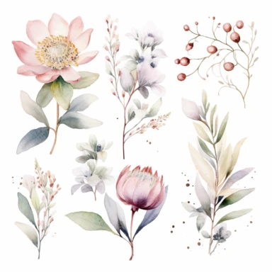 Australian native flower arrangments watercolor premade border, white simple background, no grass or green ground in the scene, no sky, pale watery color, hand painted original, pastel colors, Watercolor Flowers Clipart, airy dreamy pale color, modern minimal v 4