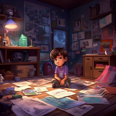 5 year old Tony is depicted in a dimly lit room, surrounded by a collection of clues and evidence related to the Decepticons. Maps, newspaper clippings, and photographs are spread out on a table, showcasing Tony's investigative efforts. The room is filled with a sense of intrigue and determination. Medium: A digital illustration with vibrant colors, smooth gradients, and defined lines. Style: Draw inspiration from a blend of science fiction and comic book art styles, incorporating sleek and deta