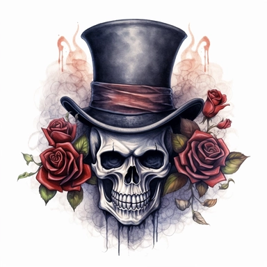 skeleton, wearing top hat, gothic roses, watercolor, clipart elements, smooth gradients, black contour outline, ultra detailed, white background, super clear, high quality