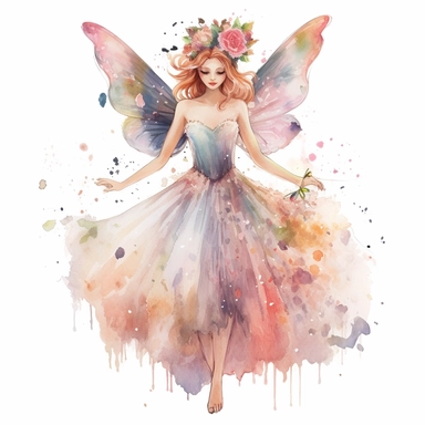 a fairytale style overrealistic beautiful fairy princess with watercolor effect,full body,fairy crown,magical scene,fairy flowers,fairy colors,suitable for digital clipart,white background