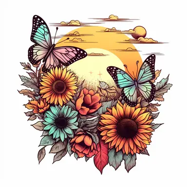 boho colored, rainbow sunset, with sunflowers, and butterflies, classic tattoo motif, clipart on white background, engraved line work, retro, borders