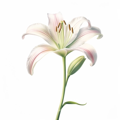 Peaceful pastel lily clipart against a pristine white background. The illustration showcases a serene pastel lily with graceful petals and slender green stems. The color palette includes soft shades of pink, lavender, and green. The white background adds a contemporary and clean setting, allowing the lily to emanate its tranquil beauty. The lighting is soft and luminous, casting a gentle glow on the flower and creating a sense of serenity. The atmosphere exudes a feeling of calmness and inner pe