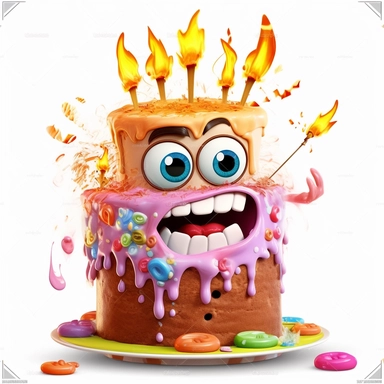 clipart of a messy two layer birthday cake, there is a funny face in the cake, candles, cartoon, for kids, funny, pixar, 8k, white background, sharp focus, detailed,