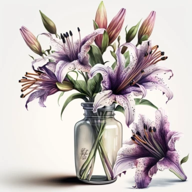 Watercolor realistic detailed purple tiger lily bouquet in a vase clipart, white background, no text