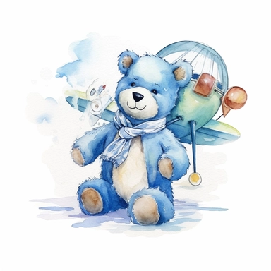 watercolor clipart white background moving living standing blue cartoon bear birthday in toy plane