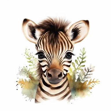 enchanted nursery clipart of ultra realistic commercial shot of a watercolor of cute cartoon safari baby zebra happy , safari animal big cute eyes digital art, whimsical, dreamy, sublimation clipart isolated on white background, ultra-detailed, high quality, ghibli style, award winning