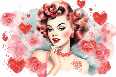 1950s Pin up girl valentines day watercolor clipart