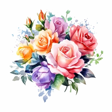 watercolor painted bouquet of mixed colored roses clipart, Flower Border clipart, Minimalist Flower Bouquet clipart, mixed colored roses Clipart roses painting formal glamour elegant style wedding floral bouquet, wedding clipart include babys breath flowers in the bouquet 4