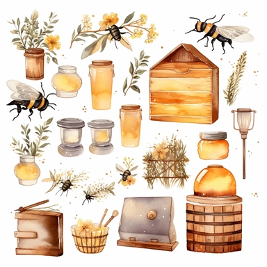 Watercolor boho backyard beekeeping, illustrations clipart set, simple, soft colors, cartoon elements, different variants, beekeeping related items, beehives, beecomb, bees separate elements with a margin
