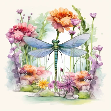artwork in the style of cicely mary barker, clipart, whimsical watercolour illustration of a cute dragonfly and flowers, very colourful, watercolor clipart, book cover illustration, hyper HD