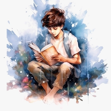 beautiful boy reading Fantasy book , clipart watercolor