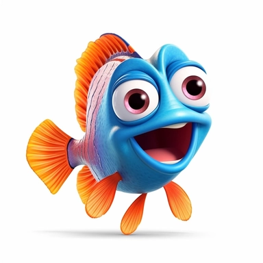 a cute and adorable happy cartoon fish making funny face, sticking tongue out, sarcastic, full body image, side view, pixar style, clipart