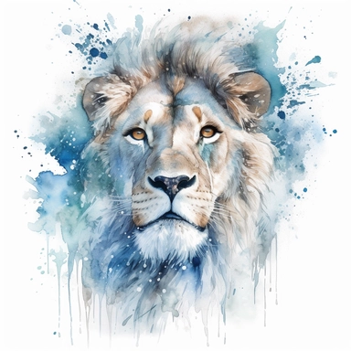 High level watercolor, hyper realistic, white background with margins, 8k, ultra detailed clipart, large, futuristic, A lion king of forest walking, its frosty breath creating swirling snowflakes and ice formations in the air, fairy, cool, pastel blue