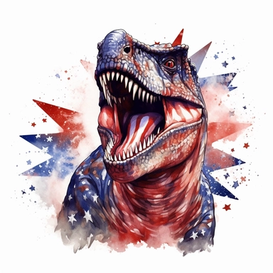 Realistic Dinosaurs illustration, black Giganotosaurus, patriotic pattern, Stars and Stripes, red, white, blue, watercolor, 2d game art, quadratura, clipart, on white background,