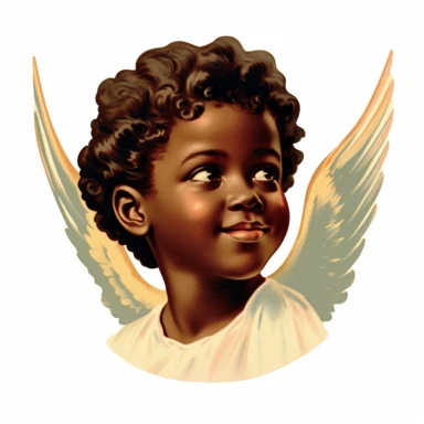 Vintage 1920 Portrait Shot View Of a black child head with Angel Wings Behind it Illustration , in the style of late 19th century, Chromolithograph, 1920s Illustration, Vintage, Chromolithograph, Colorful, Antique, Ephemera, Clipart, 8k, Isolated on white