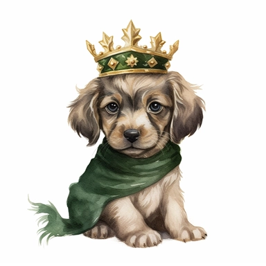 medieval royal puppy | COLOR THEME: dark green, olive green, army green, black, light pink | watercolor, clipart, hyperrealistic, white background