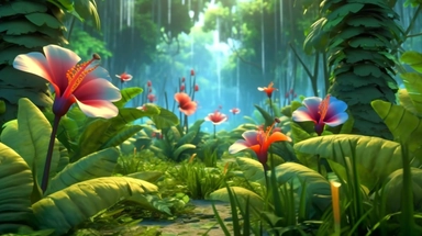animated pixar style Tropical meadow with hibiscus flowers, background, maximum quality, high-quality drawing, clipart, full Illustration, 4k, sharp focus, smooth, concept art, style fairy tales, 8k Octane rendaring, 3d,