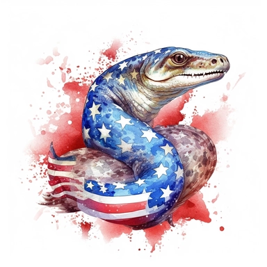 medium shot, low angle, watercolor style, Moray eel, patriotic pattern, Stars and Stripes, red, white, blue, hyper-realistic animal illustrations, 2d game art, quadratura, clipart, on white background,