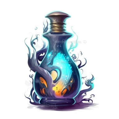 magical potion bottle, magical and mystical, video game style, clean and crisp, clipart, illustration, alchemical, smoke and embelishments, wizards potions, isolated on white background