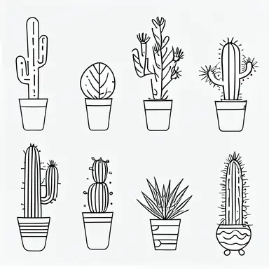 Cactus Shape Clipart Transparent Background, Continuous One Line Art Cactus On Vase With Abstract Shape, Line, Minimalism, One Line Art Plant PNG Image For Free Download Vectors set, BLACK AND WHITE, clipart graphics,