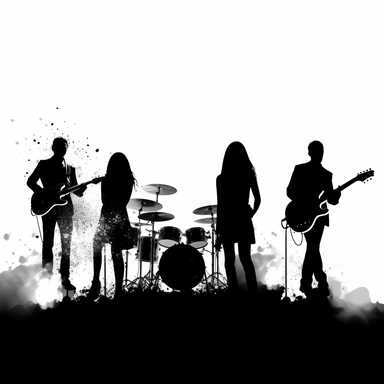 high resolution, solid black silhouettes, clip art, rock band themed, 4k, white and black only