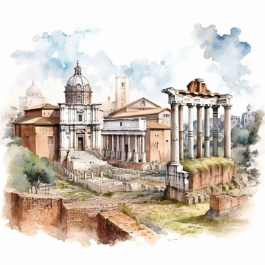 The panorama of the Roman Forum, showcasing the monumental ruins of ancient temples and columns, reminiscent of the city's glorious past. Clipart, watercolor, white background, scenic beauty.