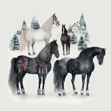 dark academia, horses, snow, fairytale, Christmas, swedish folk art, watercolor, white background, clipart
