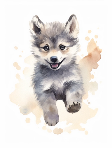 cute happy grey wolf cub running, pastel watercolor, clipart, solid background